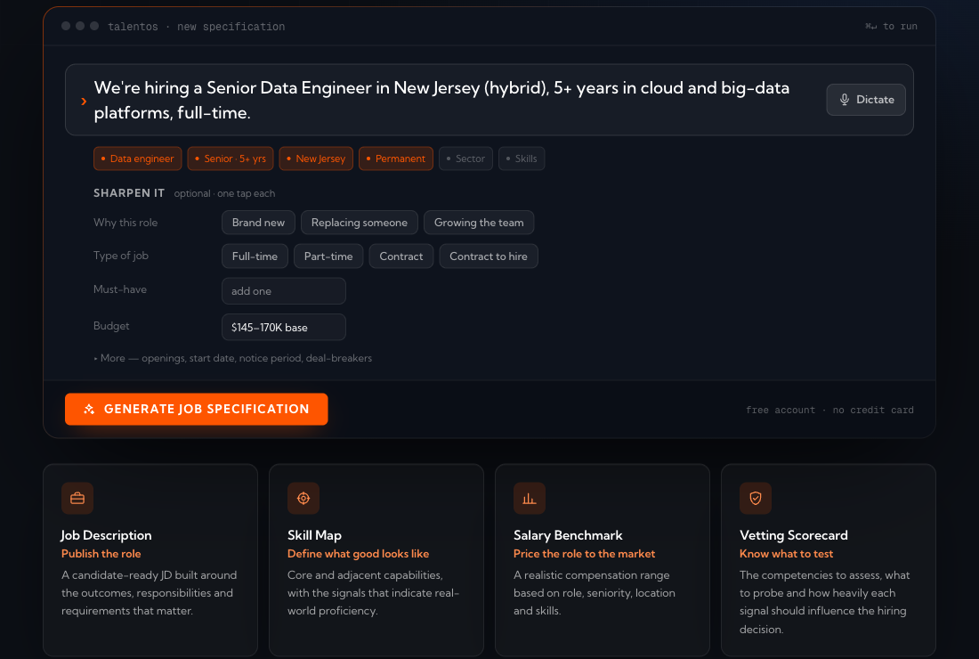 The TalentOS app: a role typed in plain English — a Senior Data Engineer in New Jersey — with the detected details (Data engineer, Senior, New Jersey, Permanent), a US budget, and the four outputs it produces: job description, skill map, salary benchmark and vetting scorecard